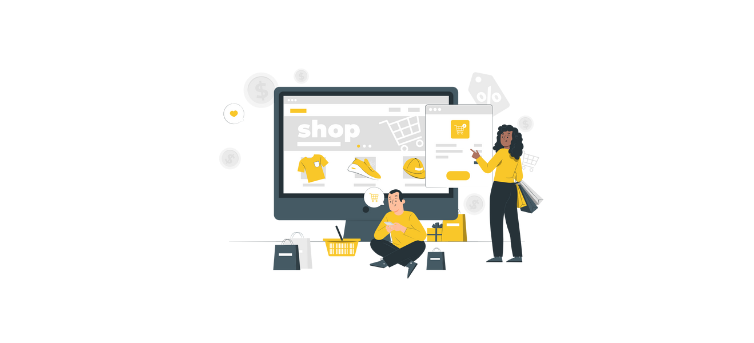 An illustration of two people with a computer displaying an e-commerce website, shopping icons, and money symbols.