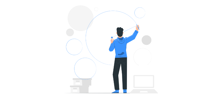 An illustration of a person juggling abstract shapes, symbolising stages of the digital transformation lifecycle.