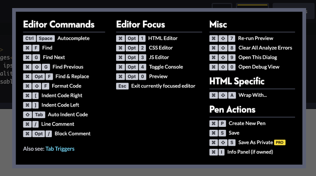 Shortcuts on CodePen editor