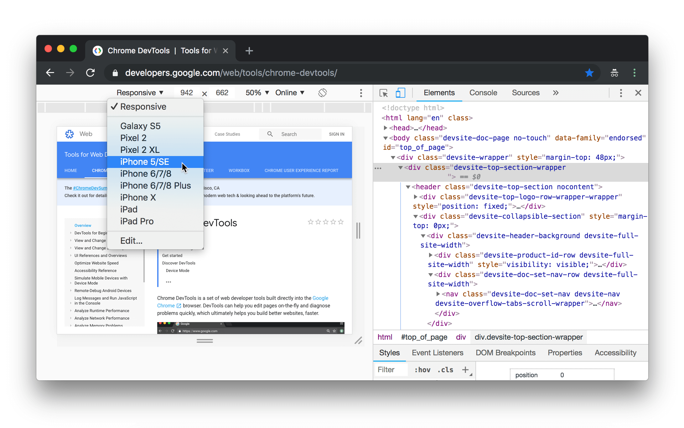 Available devices in Chrome Dev Tools