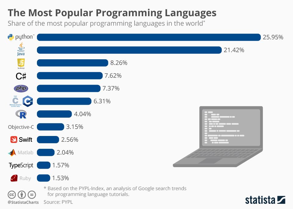 Graph showing Most Popular Coding Languages in 2019 (source: Statista)