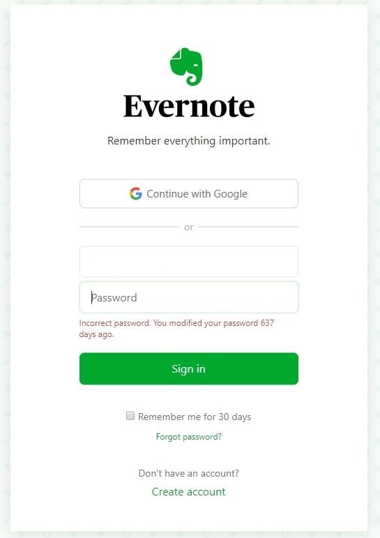 Evernote's login page