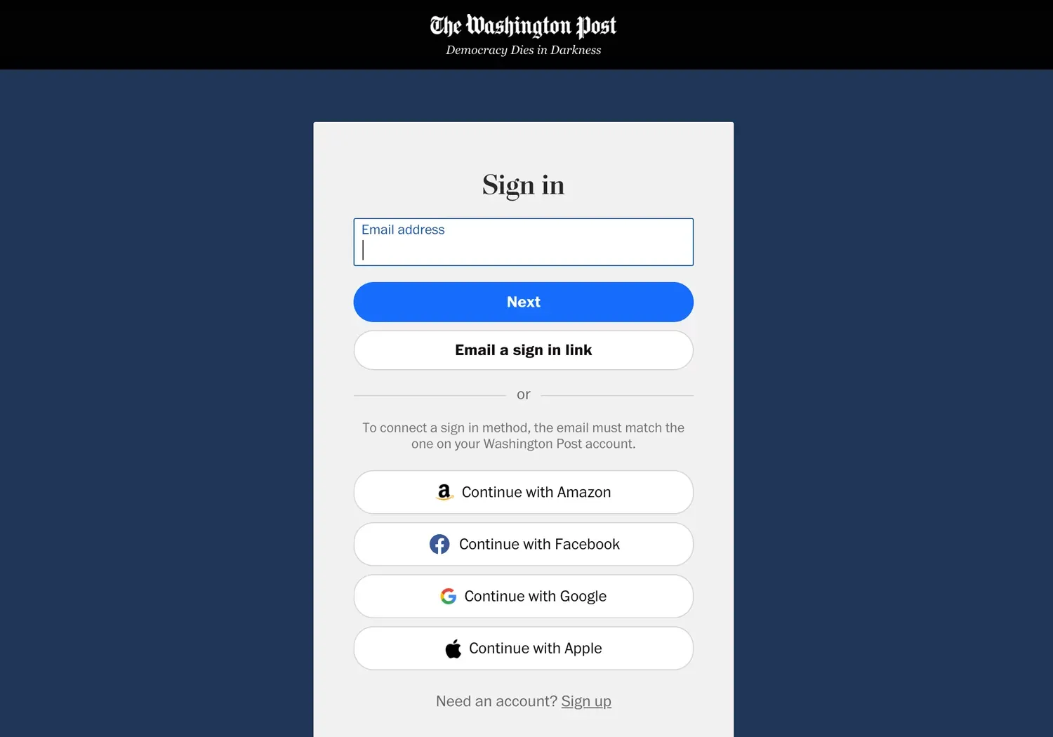 The Washington Post's login page