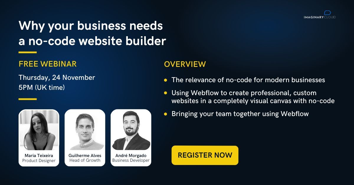 Invitation to the Imaginary Cloud free webinar "Why your business need a no-code website builder".