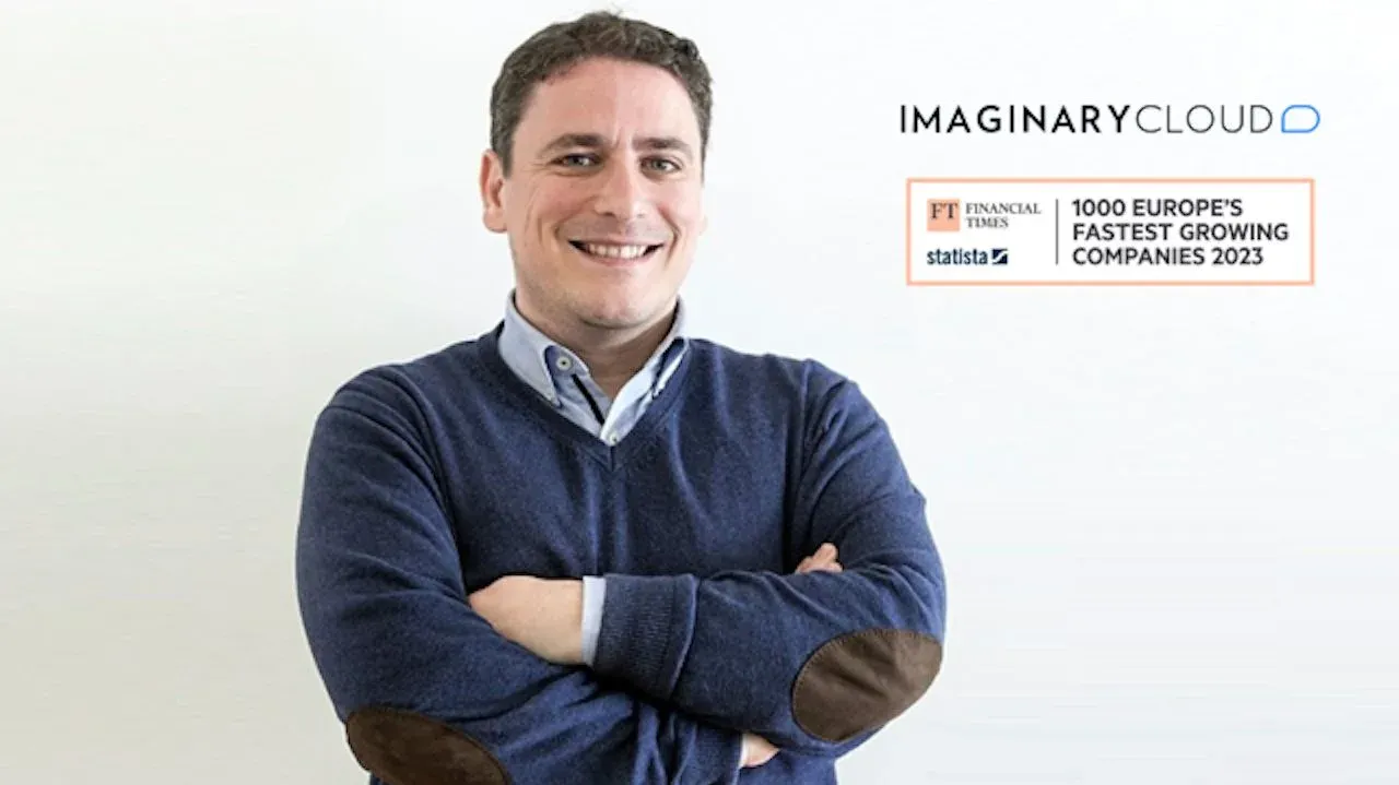 Picture of Tiago Franco, the CEO of Imaginary Cloud, and a logo of Financial Times 1000 Europe's Fastest Growing Companies 2023.