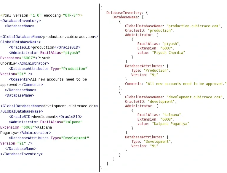 Comparison of data parsing between JSON and XML (XML is on the left and JSON is on the right).