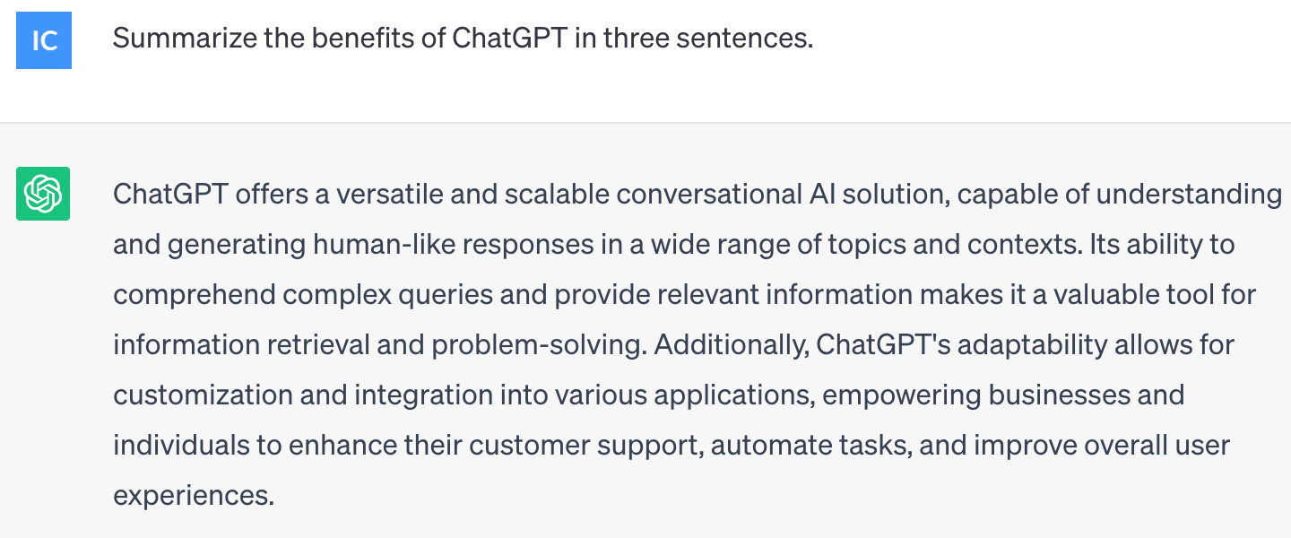 ChatGPT explicit constraint prompt asking about the benefits of ChatGPT in three sentences