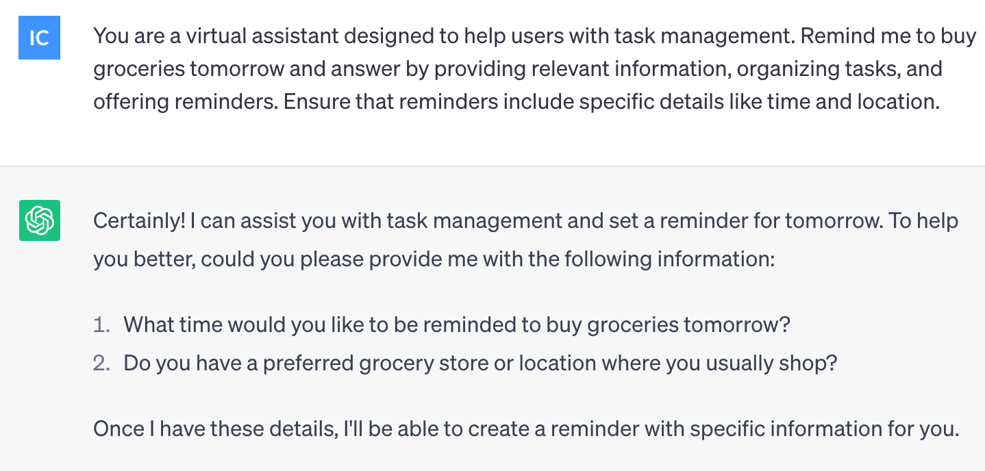 ChatGPT iteration prompt asking to remind to buy groceries