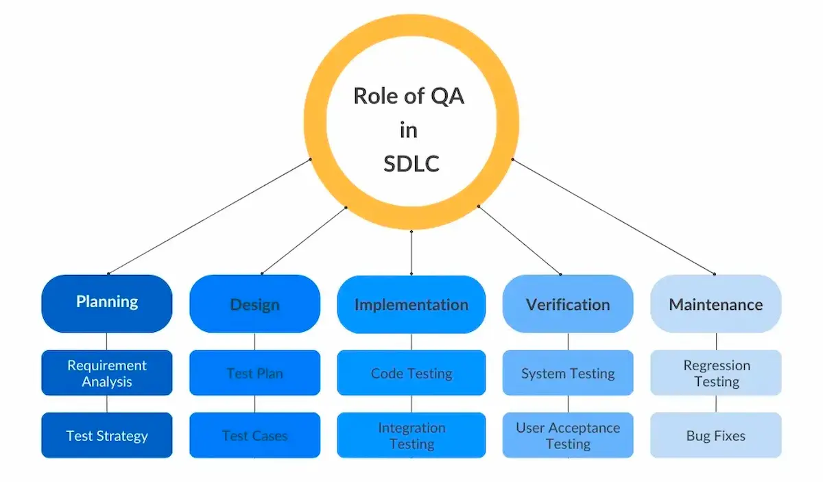 Flowchart showing the role of a quality assurance in the SDLC
