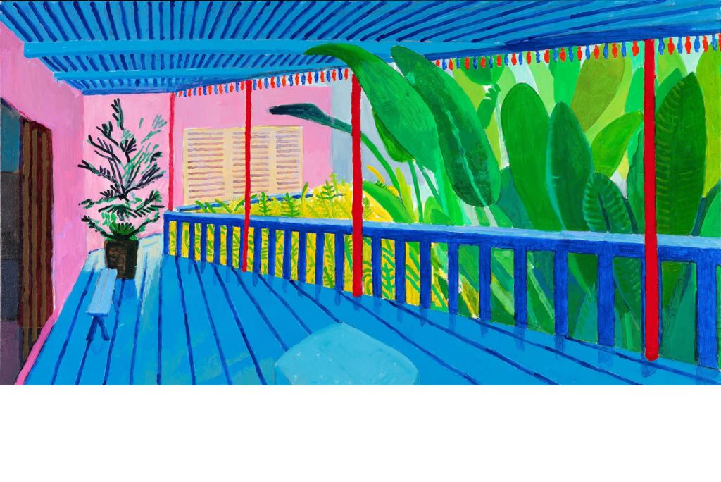 A painting of a blue balcony, exterior pink walls and plants. 