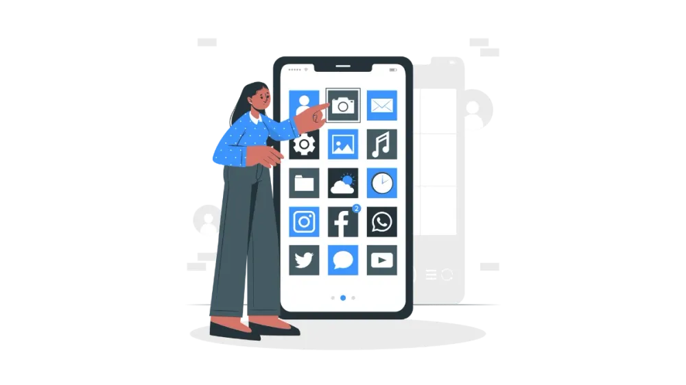Illustration of a woman pointing to mobile apps.