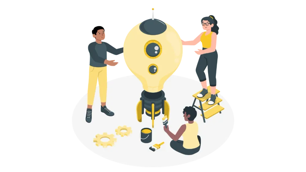 Illustration showing one man and one woman building a rocket in a light bulb shape and another woman painting the rocket.