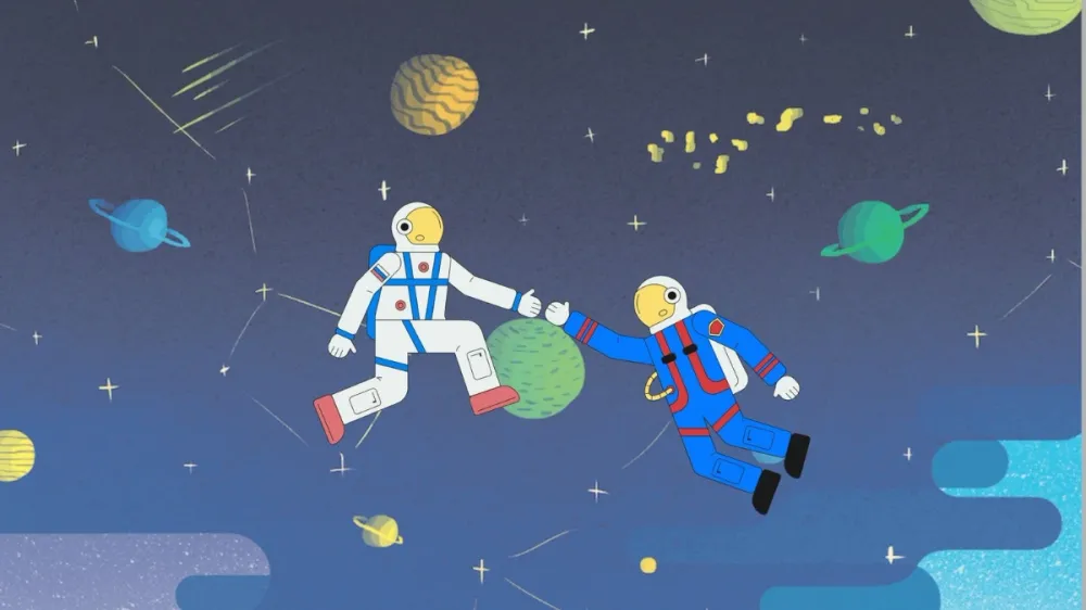 Illustration of two astronauts flying in the space.