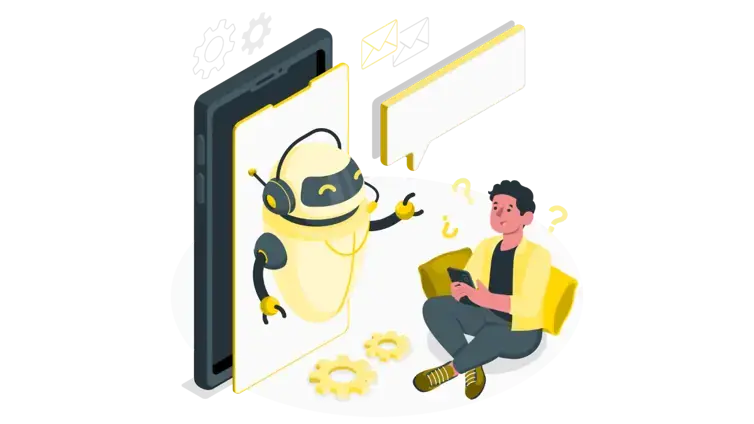 Illustration of a chatbot helping a man to find answers through AI-generated content.