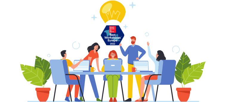 Illustration of a group of people working anda Best Workplaces Europe logo.
