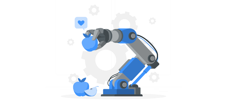 Robotic arm of artificial intelligence grabbing an apple.