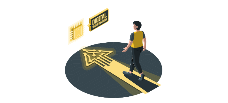 A person standing at the start of a digital transformation-themed pathway.