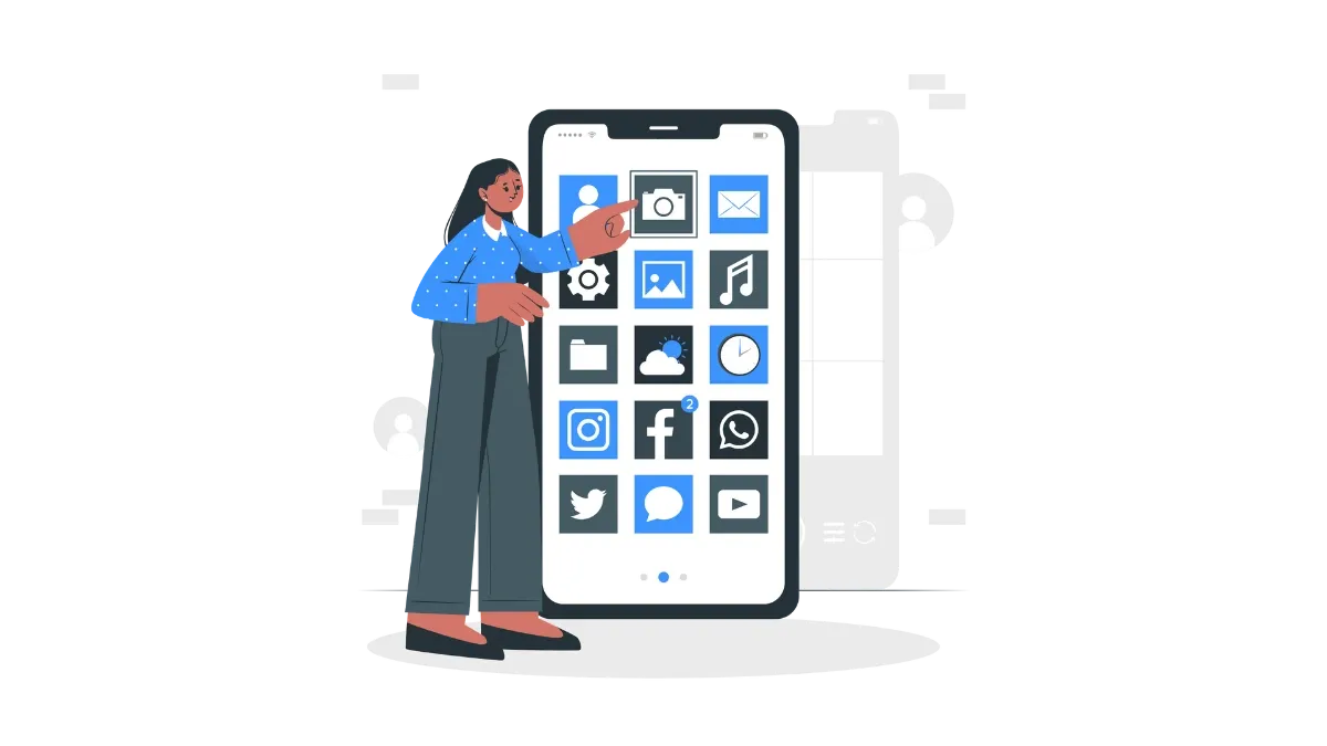 Illustration of a woman pointing to mobile apps.