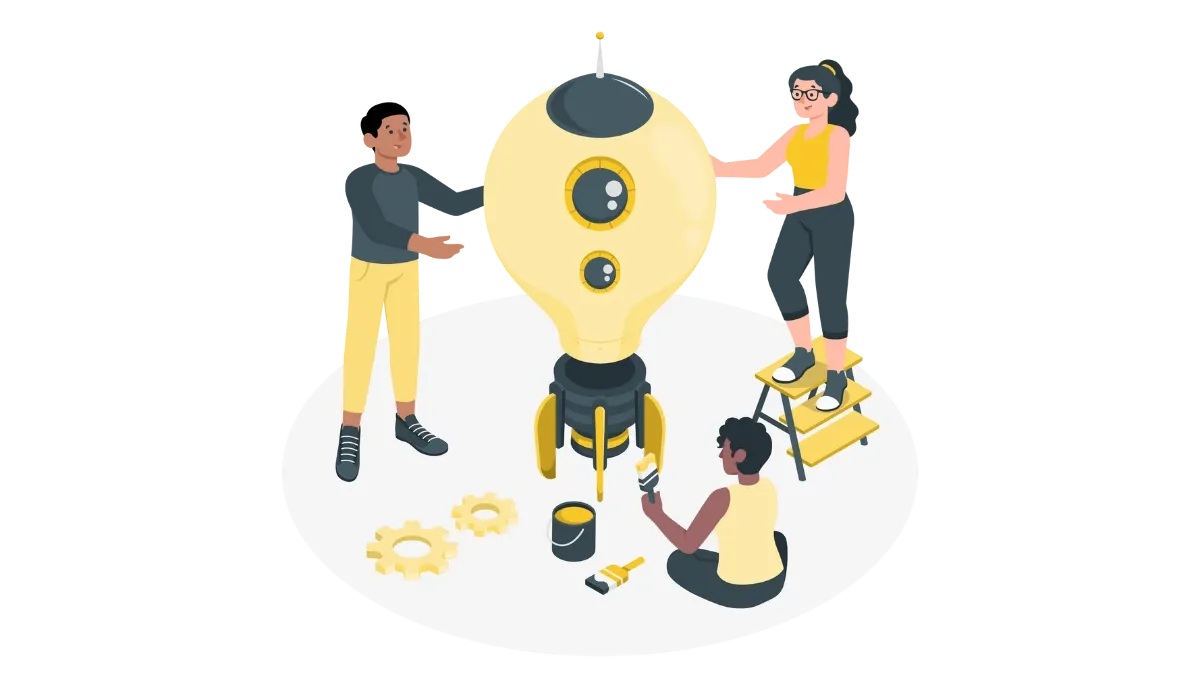 Illustration showing one man and one woman building a rocket in a light bulb shape and another woman painting the rocket.